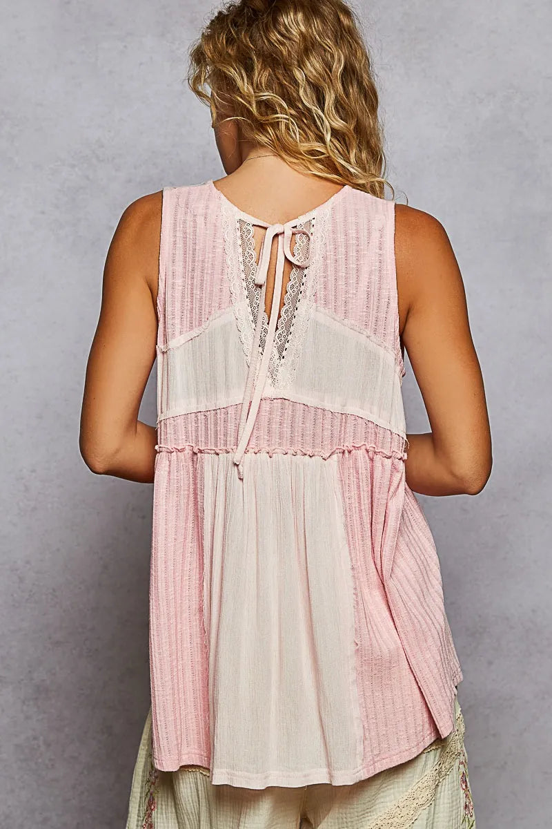 Pink POL lace trim two-tone tank top with pintuck detail, featuring a stylish sleeveless design and feminine embellishments.