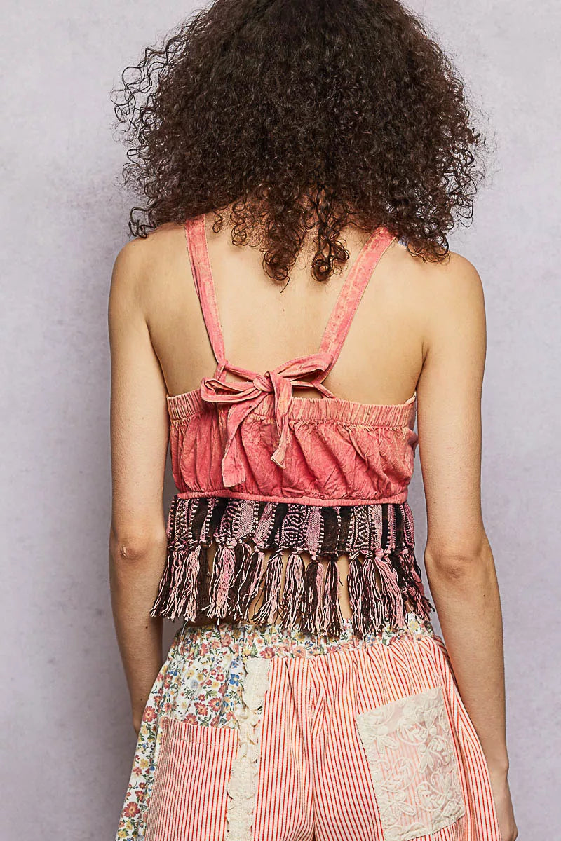 Pink POL lace-up fringe hem tank top with lace detail from Trendsi, featuring a sleeveless design and stylish boho-inspired accents.