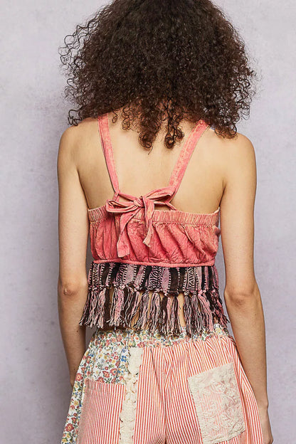Pink POL lace-up fringe hem tank top with lace detail from Trendsi, featuring a sleeveless design and stylish boho-inspired accents.