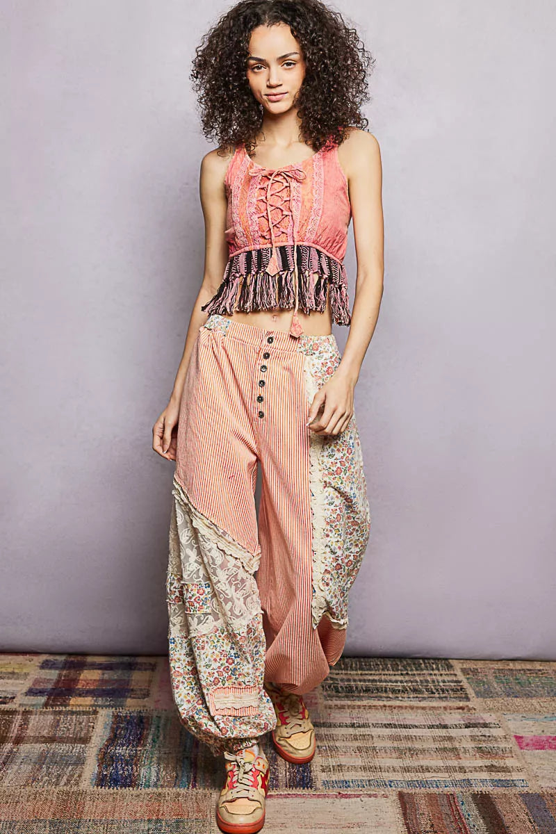 Pink POL Lace-Up Fringe Hem Tank Top with delicate lace details and adjustable lace-up front, trendy and stylish for casual wear.