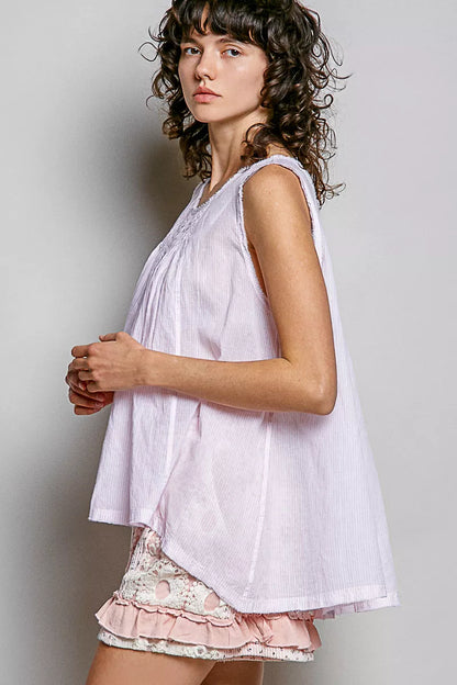 Pink sleeveless striped cotton top with a round neck and pleated design from Trendsi, perfect for casual summer wear.
