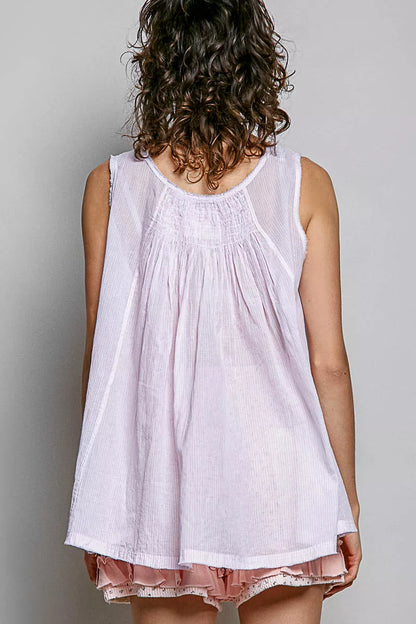 Pink sleeveless striped cotton top with a round neck and pleated design from POL POL by Trendsi.