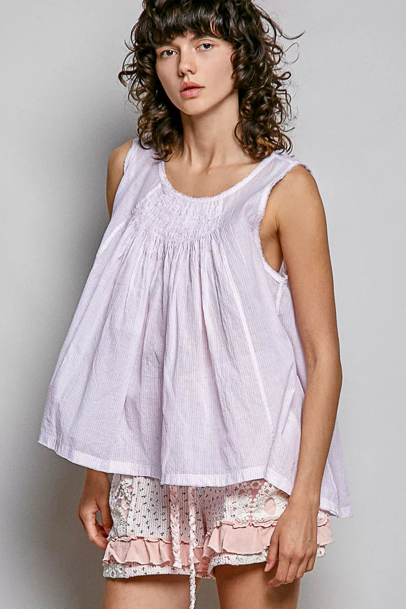 Pink sleeveless striped pleated cotton top by Trendsi, featuring a round neckline and stylish design.