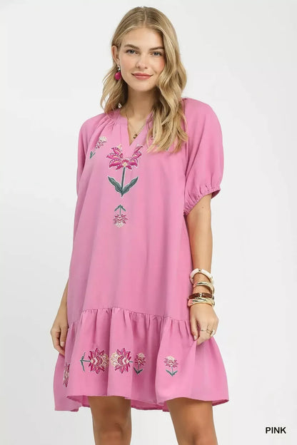 Pink Umgee embroidered floral babydoll dress with delicate embroidery and flowy silhouette, perfect for casual or dressy occasions.
