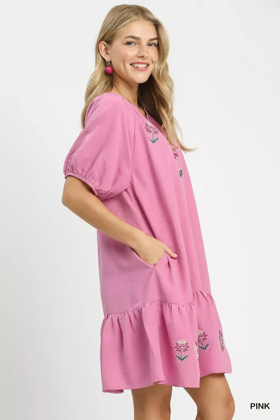 Pink Umgee embroidered floral babydoll dress with delicate embroidery and flowy silhouette, perfect for casual or summer wear.