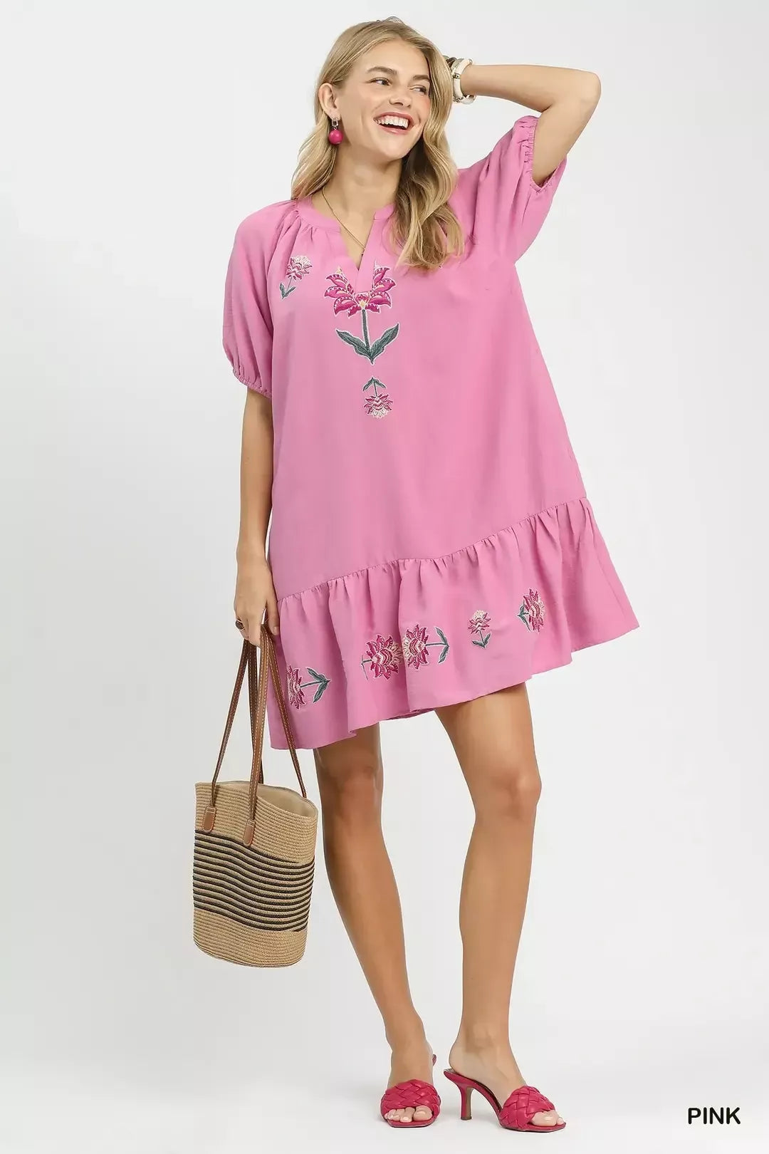 Pink Umgee embroidered floral babydoll dress with delicate embroidery and flowy fabric, perfect for casual or summer wear.