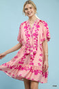 Pink Umgee floral tie-waist boho mini dress with a relaxed fit and ruffled hem, perfect for casual summer outfits.