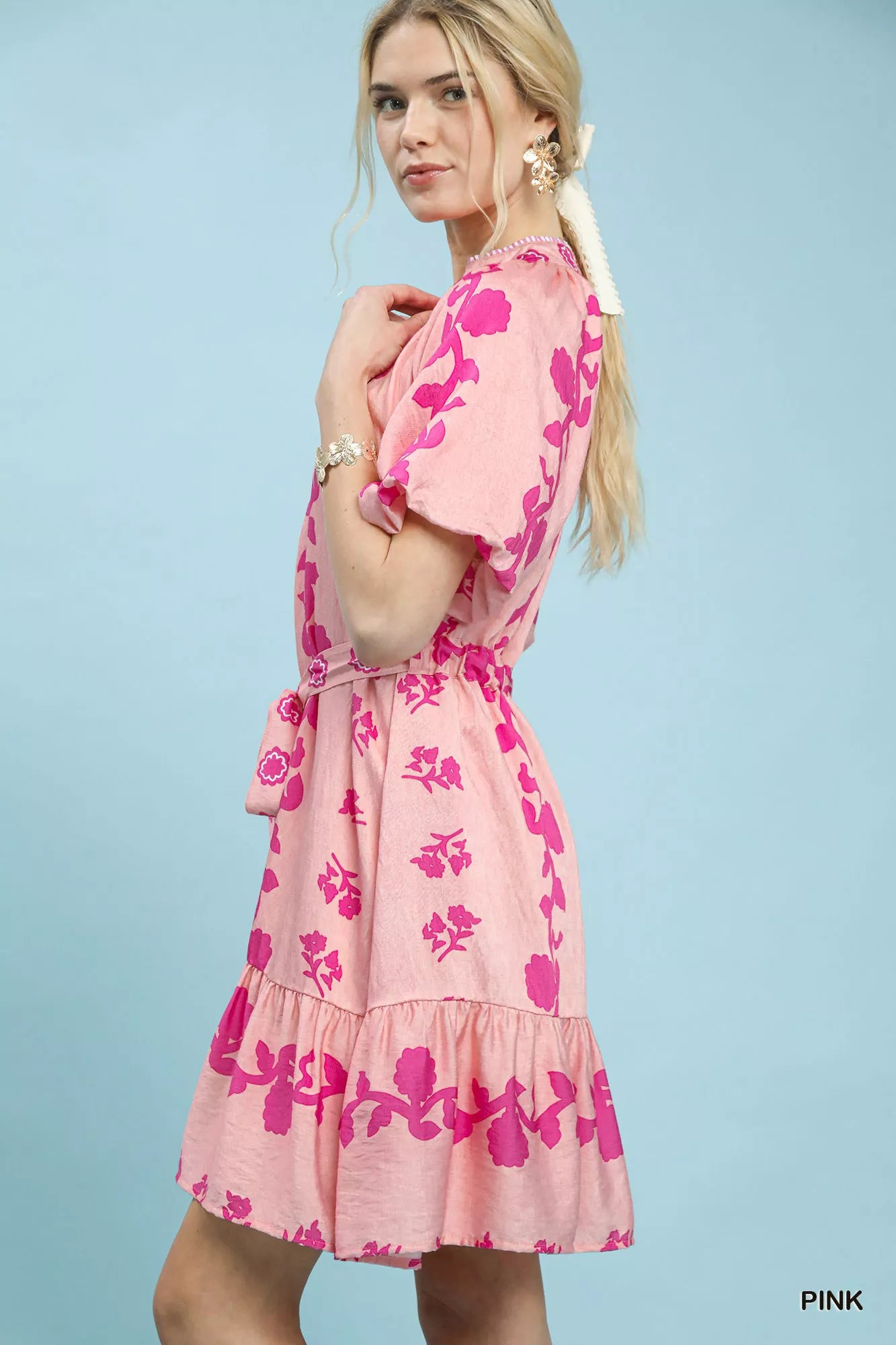Pink Umgee floral tie-waist boho mini dress with a relaxed fit and tie detail at the waist, perfect for casual summer wear.