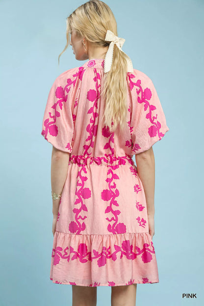 Pink Umgee floral tie-waist boho mini dress with ruffled hem and short sleeves, perfect for casual summer wear.