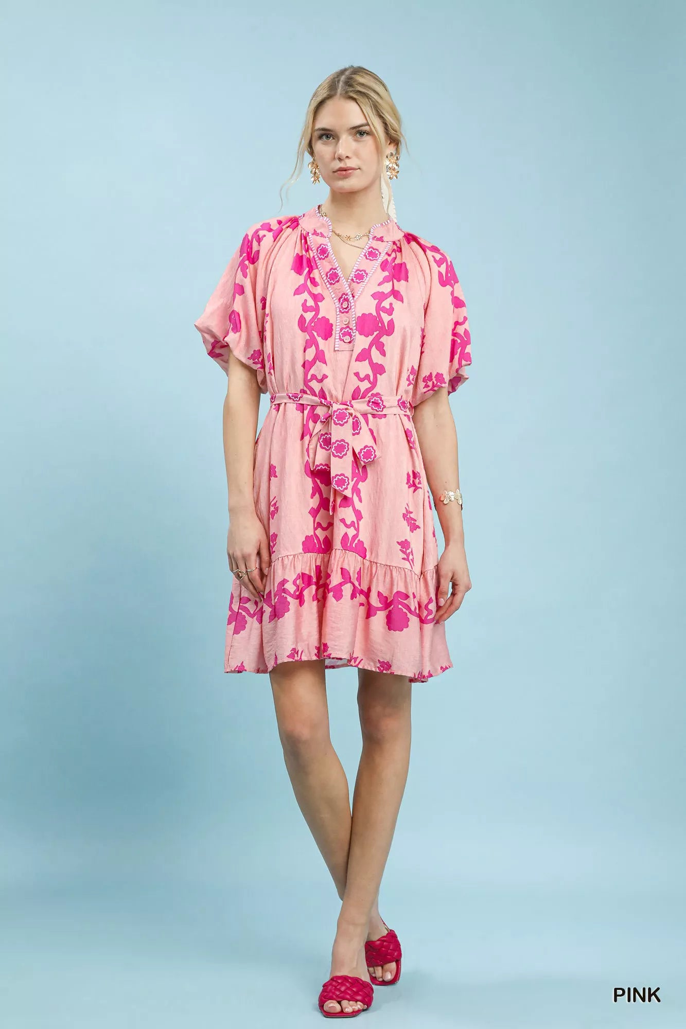 Pink Umgee floral tie-waist boho mini dress with a relaxed fit and lightweight fabric, perfect for casual summer wear.