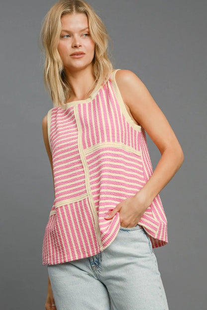 Pink Umgee round neck striped tank top with textured fabric, featuring a casual fit and classic striped pattern.