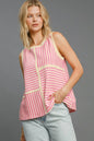 Pink Umgee round neck striped tank top with textured fabric, featuring a casual fit and classic striped pattern.