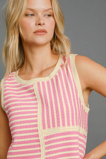 Pink Umgee round neck striped tank top with textured fabric, featuring a casual sleeveless design and horizontal stripe pattern.