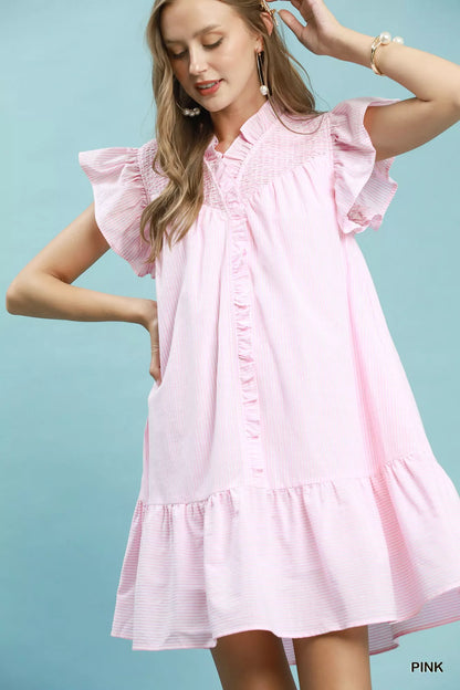 Pink Umgee striped smocked yoke ruffle dress with short sleeves and flowy silhouette, perfect for casual or summer wear.