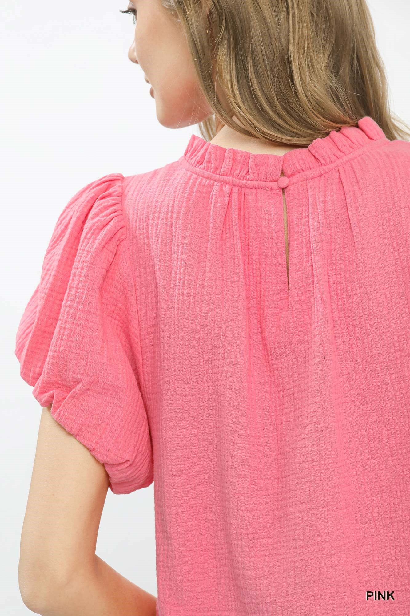 Pink Umgee textured gauze boho top with ruffle neck and long sleeves, casual and stylish for everyday wear.