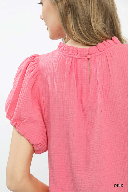 Pink Umgee textured gauze boho top with ruffle neck and long sleeves, casual and stylish for everyday wear.