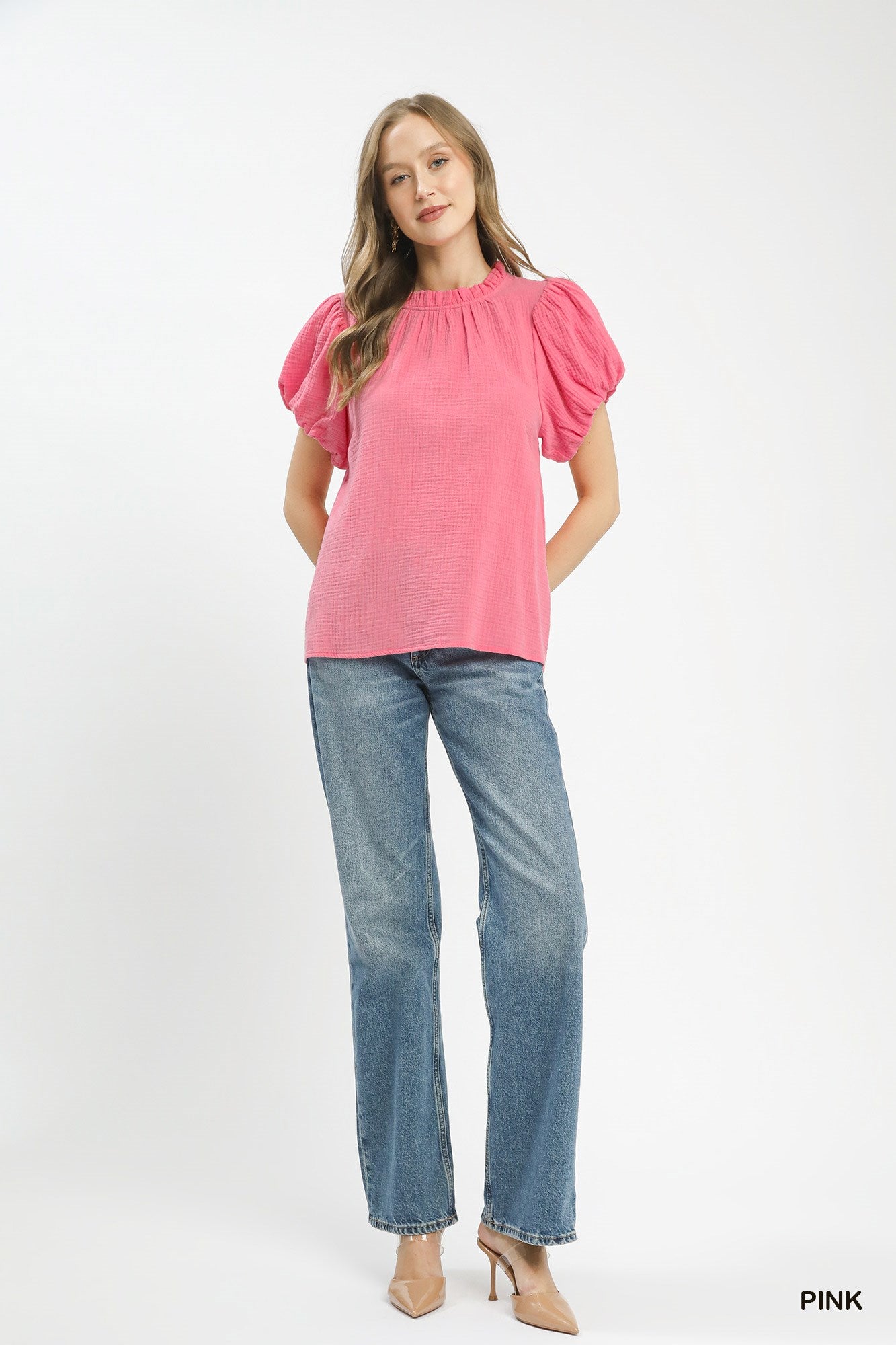 Pink Umgee textured gauze boho top with ruffle neckline, casual and stylish fashion piece by Trendsi.