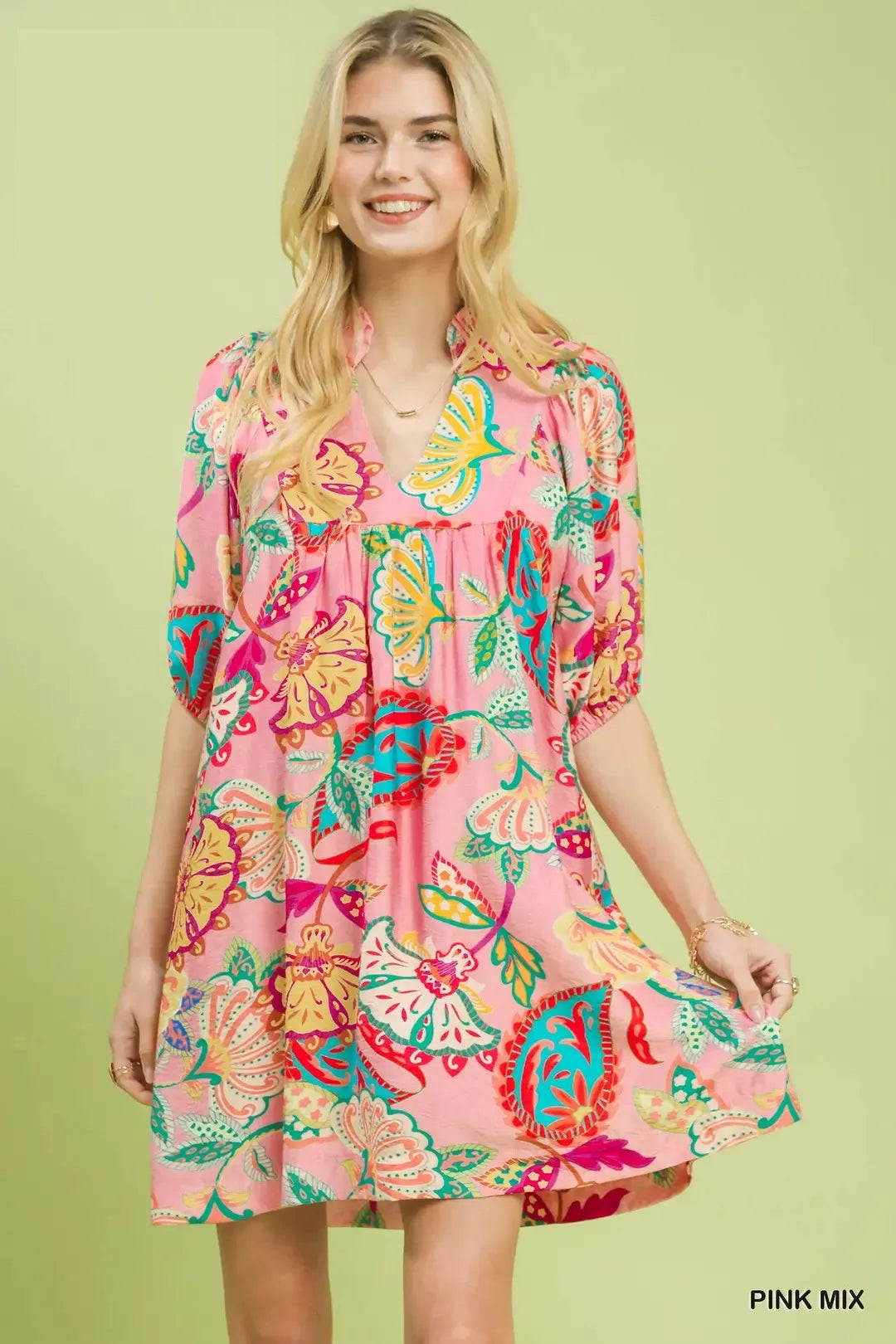 Pink Paisley Print Mini Dress by Umgee, casual sleeveless dress with a flowy silhouette and stylish pattern.