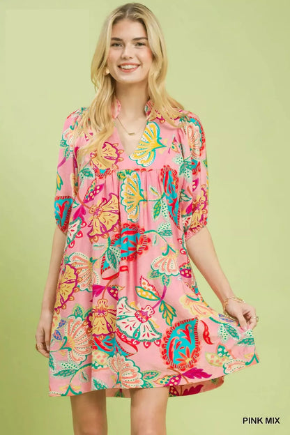 Pink Paisley Print Mini Dress by Umgee, casual sleeveless dress with a flowy silhouette and stylish pattern.