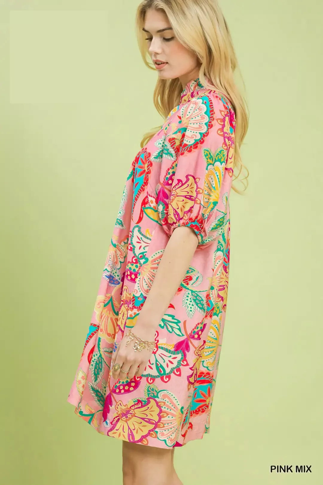 Pink Umgee paisley print mini dress with long sleeves and a relaxed fit, perfect for casual or semi-formal occasions.