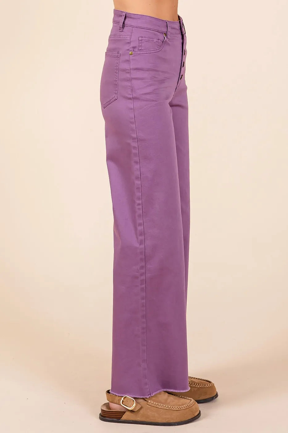 Plum high-waisted twill wide-leg pants with button fly from Mittoshop, featuring a relaxed fit and stylish design.
