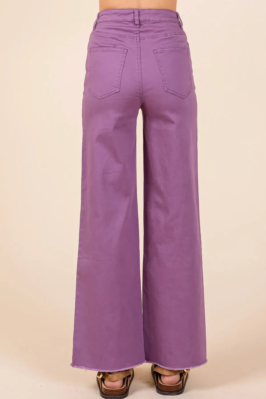 Plum high-waisted Twill wide-leg pants by Mittoshop with button fly and relaxed fit, styled for casual wear.