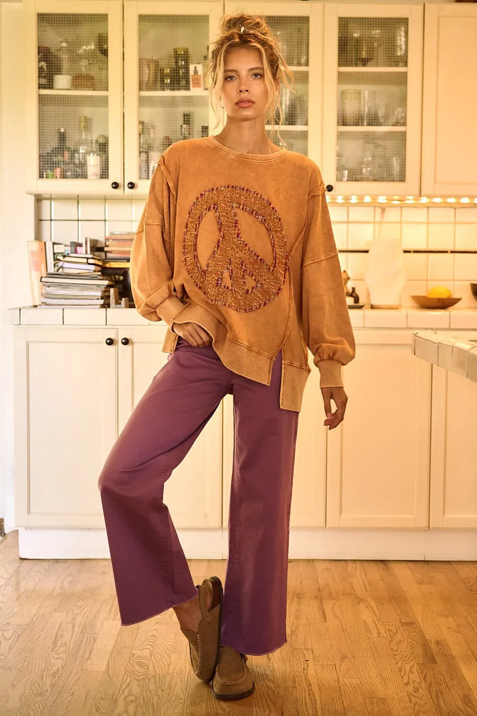 Plum high-waisted twill wide-leg pants with button fly from Mittoshop, styled for a trendy, relaxed look