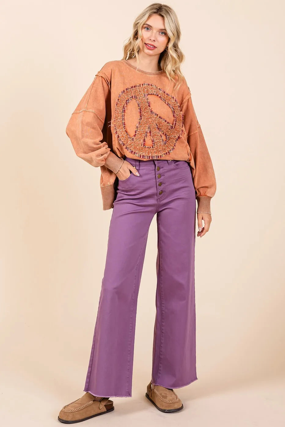 Plum Mittoshop high-waisted button fly wide-leg twill pants by Trendsi, shown on a model with front view and relaxed fit.