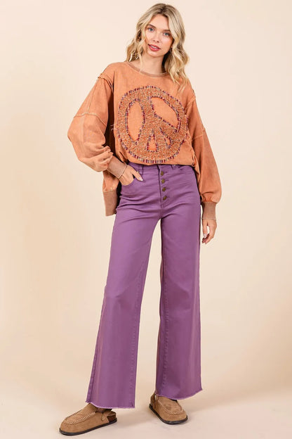 Plum Mittoshop high-waisted button fly wide-leg twill pants by Trendsi, shown on a model with front view and relaxed fit.