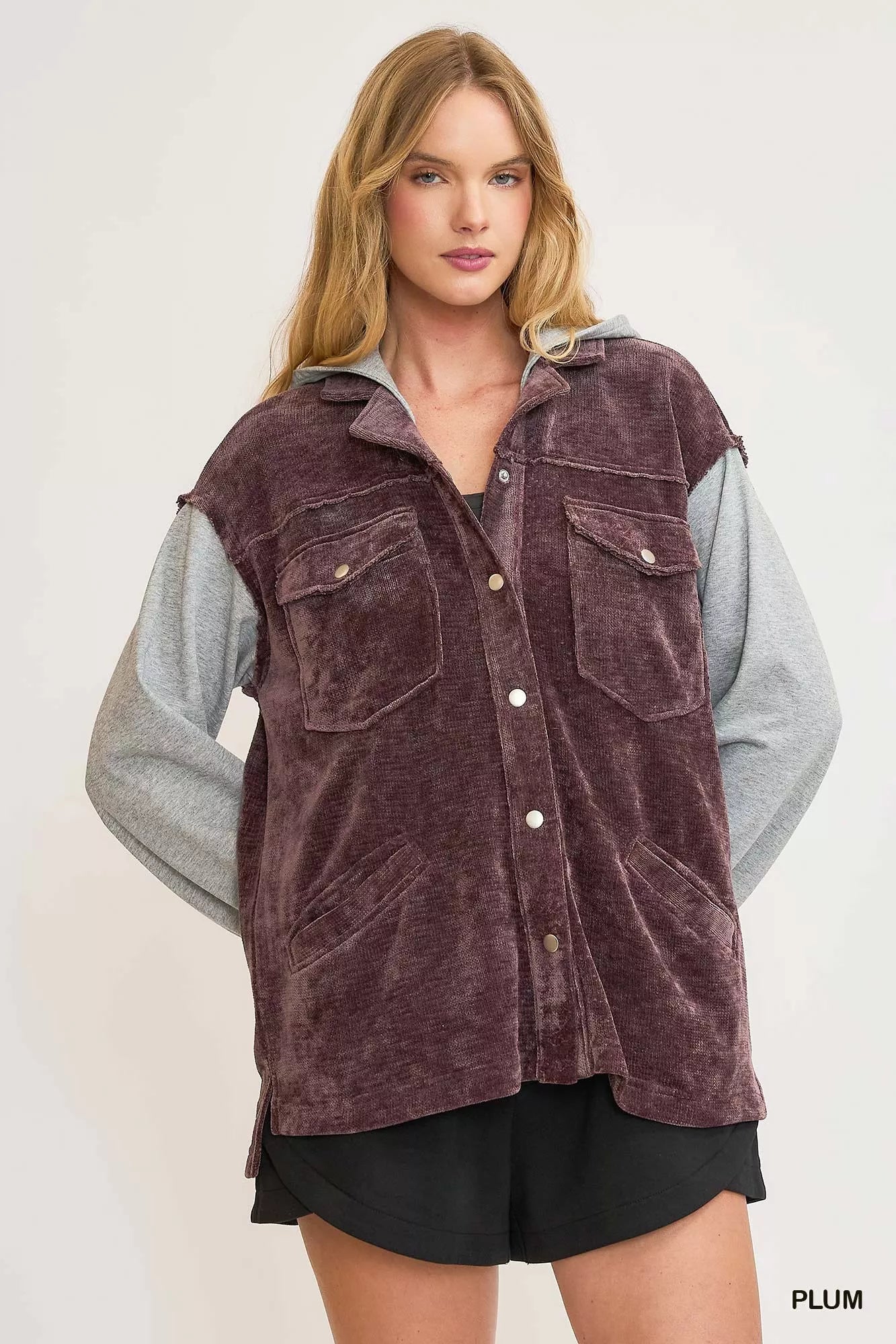 Plum Umgee Contrast Hooded Chenille Jacket with soft, textured fabric and adjustable drawstrings, stylish and cozy for casual wear.