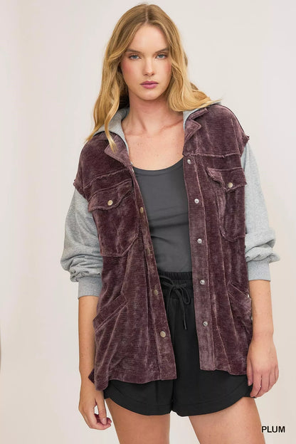 Plum Umgee Contrast Hooded Chenille Jacket with soft, textured fabric and cozy hood, stylish and warm for casual wear.