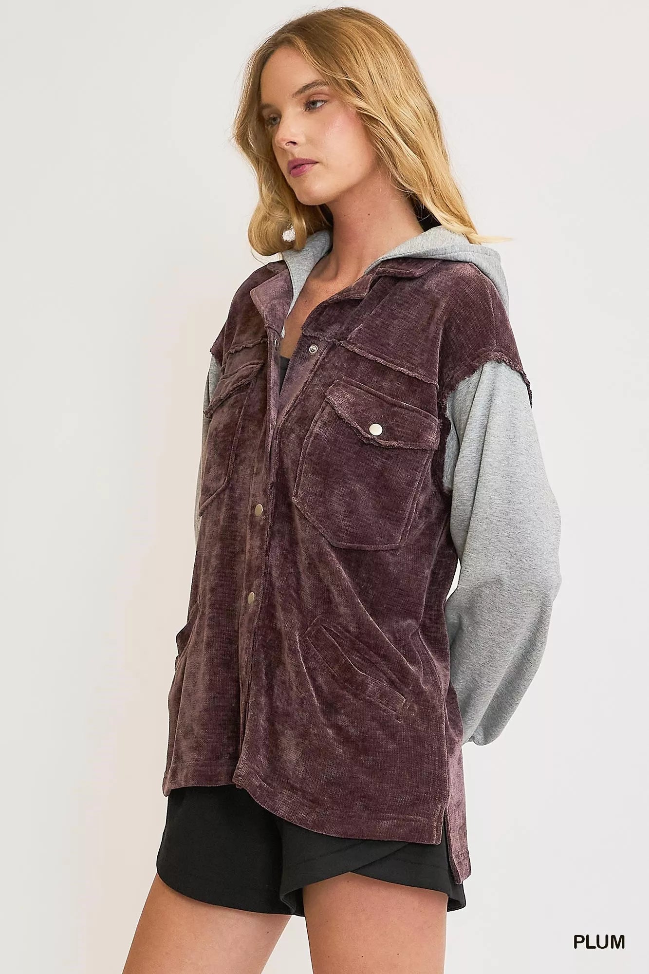 Plum Umgee Contrast Hooded Chenille Jacket with cozy, soft fabric and relaxed fit, shown on a model.