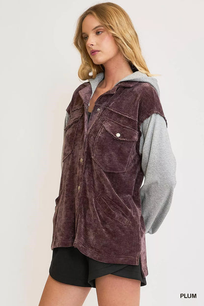 Plum Umgee Contrast Hooded Chenille Jacket with cozy, soft fabric and relaxed fit, shown on a model.