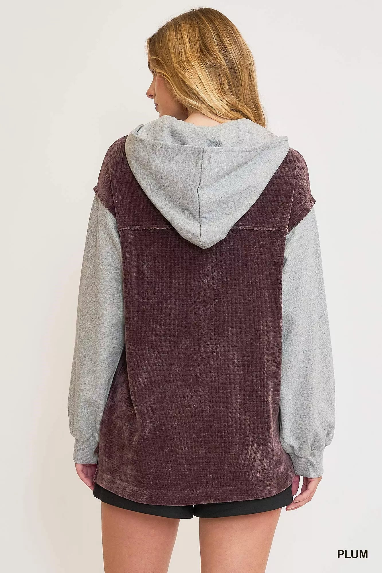 Plum Umgee Contrast Hooded Chenille Jacket with cozy knit texture and relaxed fit, styled with a front hood and ribbed cuffs.