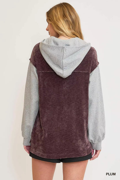 Plum Umgee Contrast Hooded Chenille Jacket with cozy knit texture and relaxed fit, styled with a front hood and ribbed cuffs.