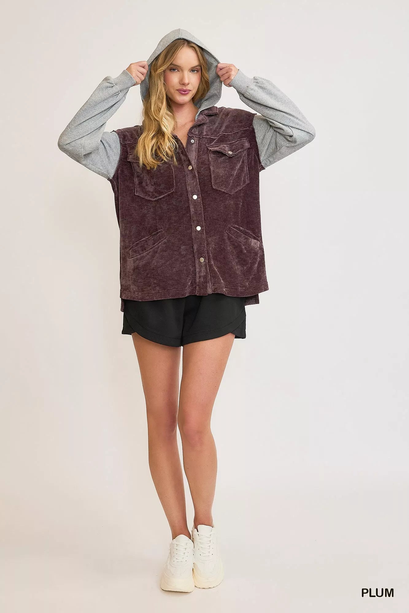 Plum Umgee Contrast Hooded Chenille Jacket with color-block design, soft knit texture, and relaxed fit.