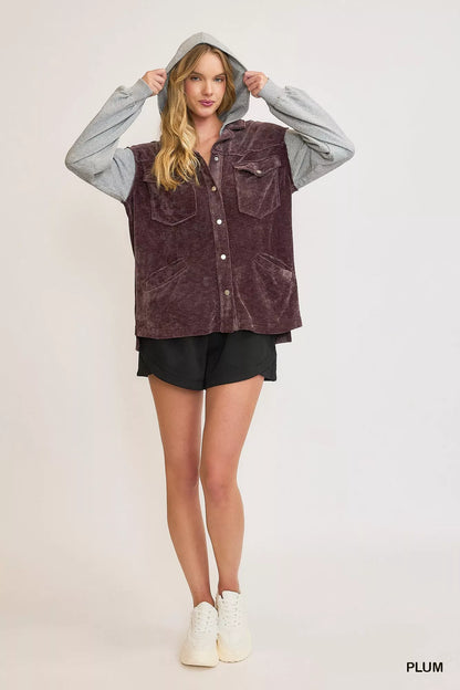 Plum Umgee Contrast Hooded Chenille Jacket with color-block design, soft knit texture, and relaxed fit.