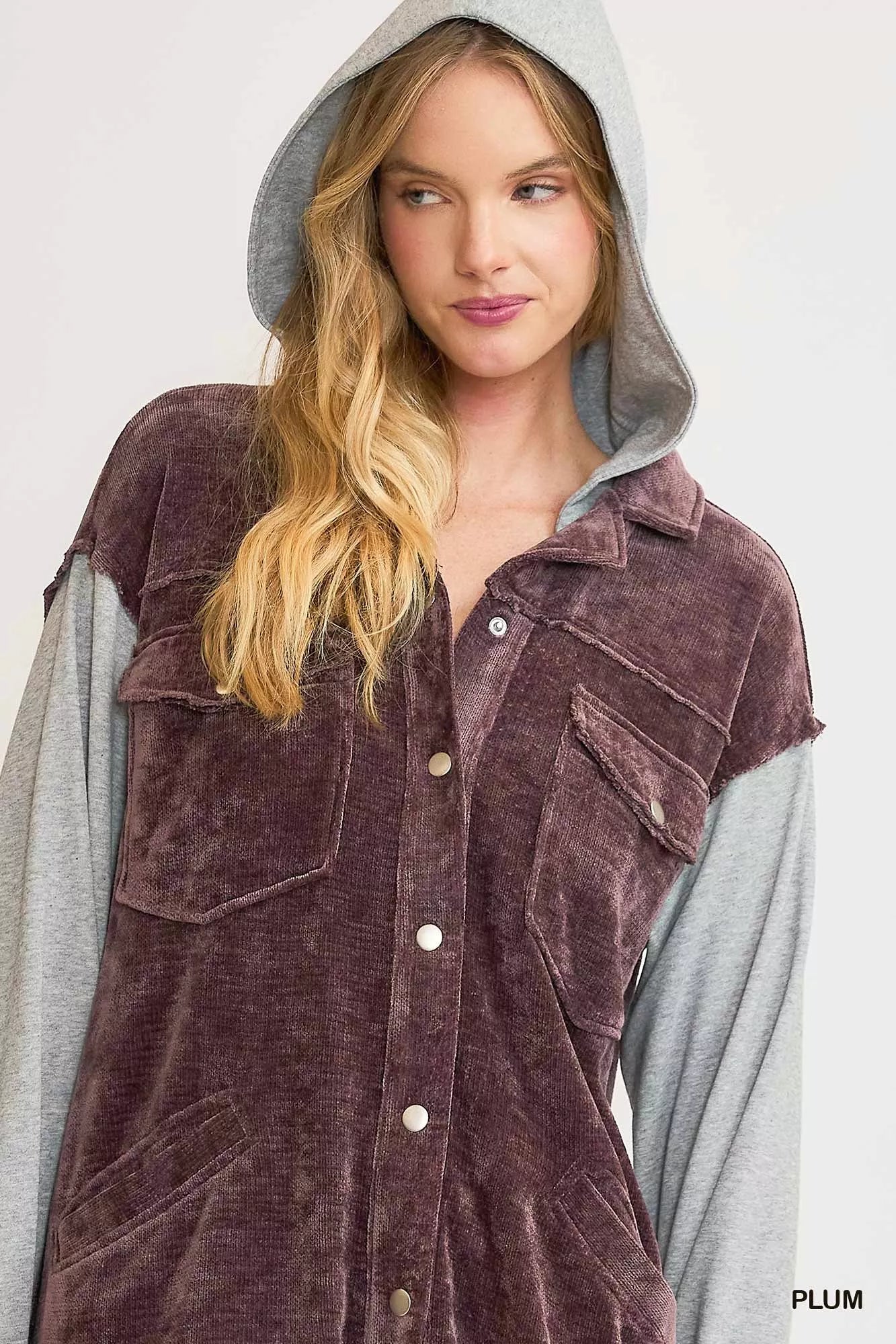 Plum Umgee Contrast Hooded Chenille Jacket featuring a cozy hood and textured chenille fabric, stylish and comfortable for casual wear.