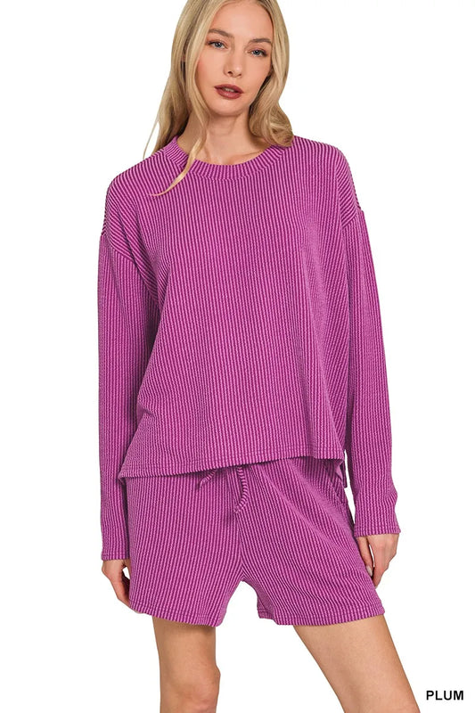 Zenana corded rib long sleeve tee and shorts set in plum, casual loungewear with comfortable ribbed fabric and relaxed fit.