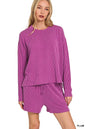 Zenana corded rib long sleeve tee and shorts set in plum, casual loungewear with comfortable ribbed fabric and relaxed fit.