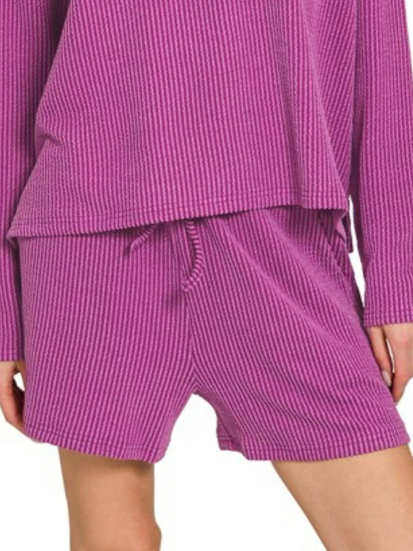 Zenana corded rib long sleeve tee and shorts set in plum, casual loungewear with comfortable ribbed fabric and relaxed fit.