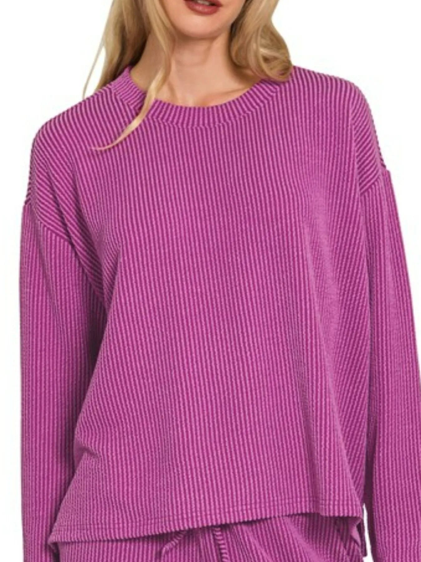 Zenana corded rib long sleeve tee and shorts set in plum, featuring a casual, comfortable matching loungewear outfit.