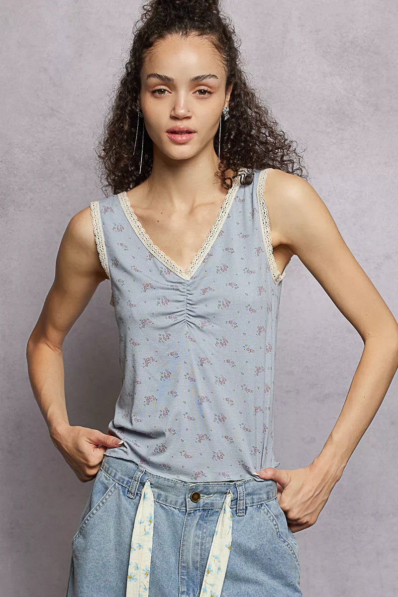 Powder blue POL Ruched Floral V-Neck Tank top by Trendsi featuring lace detail and a flattering V-neck design.