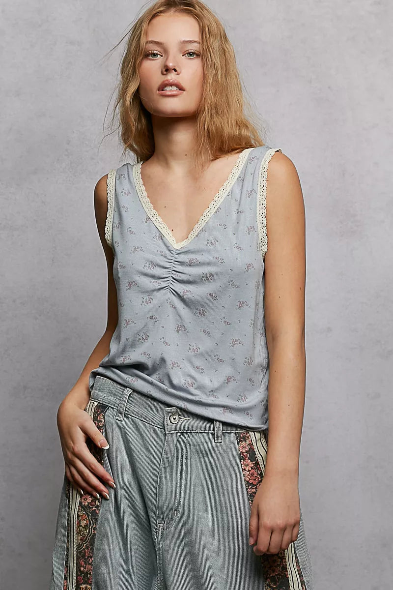 Powder blue POL ruched floral V-neck tank top with lace detail, featuring a stylish and feminine design from Trendsi.