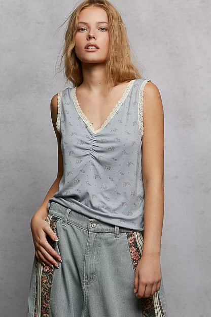 Powder blue POL ruched floral V-neck tank top with lace detail, featuring a stylish and feminine design from Trendsi.