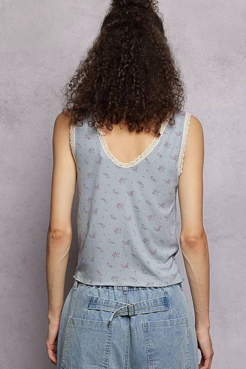 Powder blue POL Ruched Floral V-Neck Tank top by Trendsi with lace detail and ruched design, casual and feminine style.