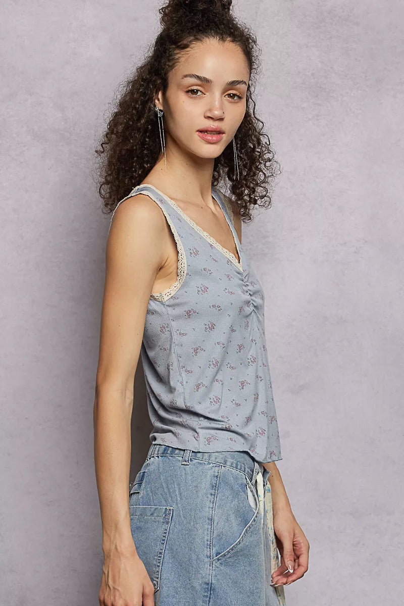 Powder blue POL ruched floral V-neck tank top with lace details, styled with a relaxed fit and feminine design.