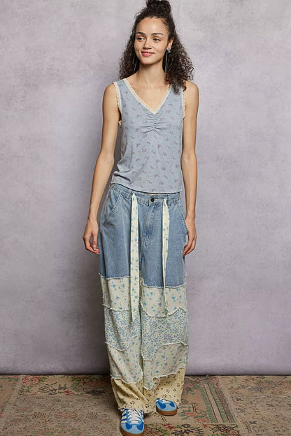 Powder blue POL Ruched Floral V-Neck Tank top by Trendsi featuring lace detail and a flattering V-neck neckline.