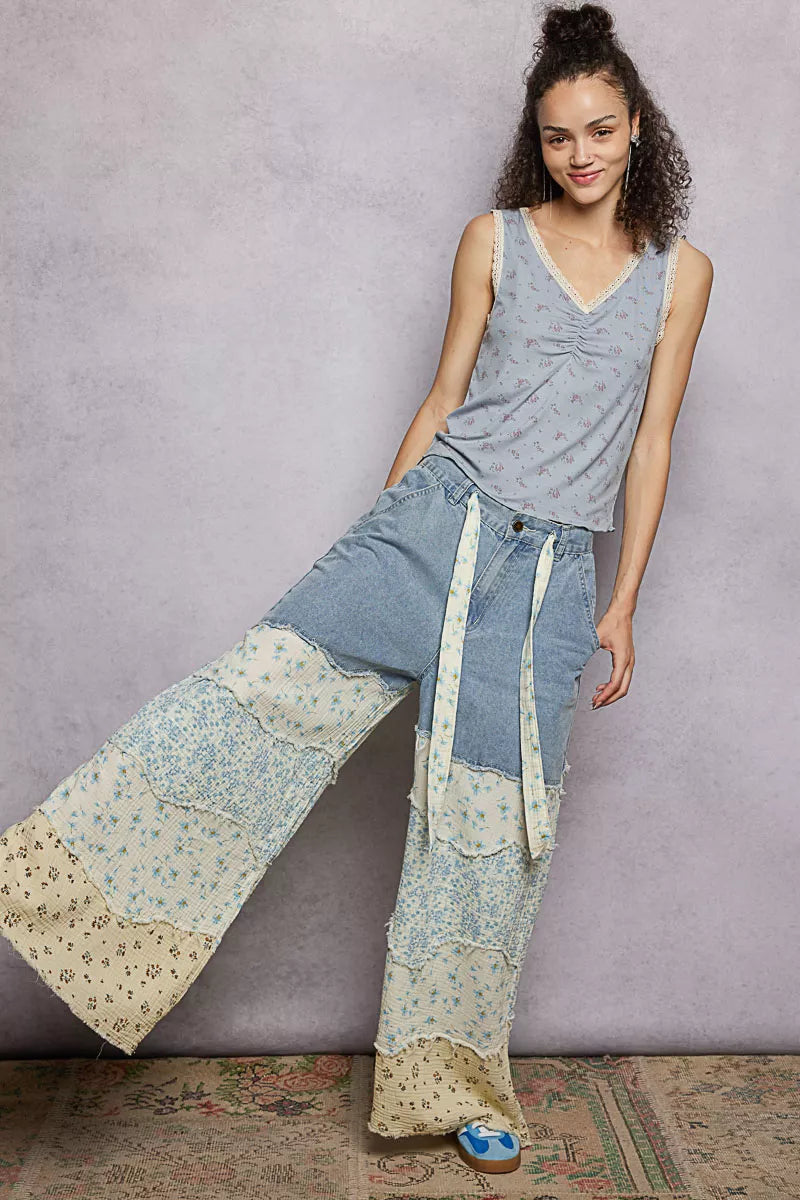 Powder blue POL Trendsi ruched floral V-neck tank top with lace detail, featuring a stylish and feminine design.