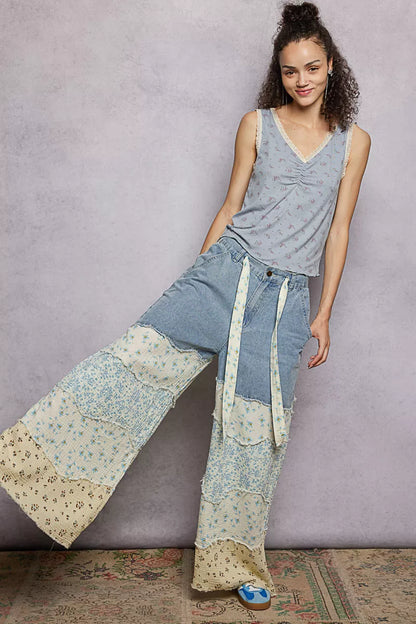 Powder blue POL Trendsi ruched floral V-neck tank top with lace detail, featuring a stylish and feminine design.
